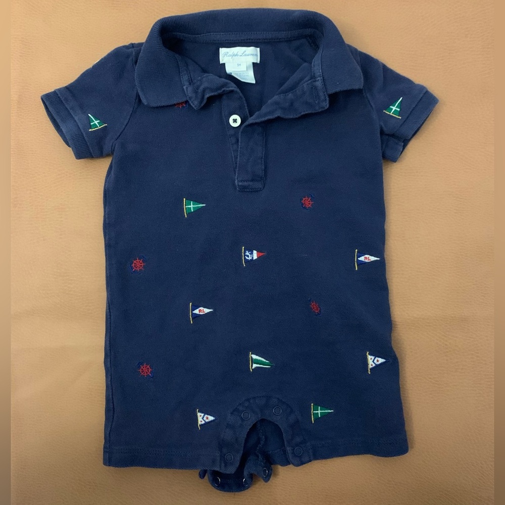 Ralph Lauren Navy Blue Embroidered Nautical Polo One-Piece